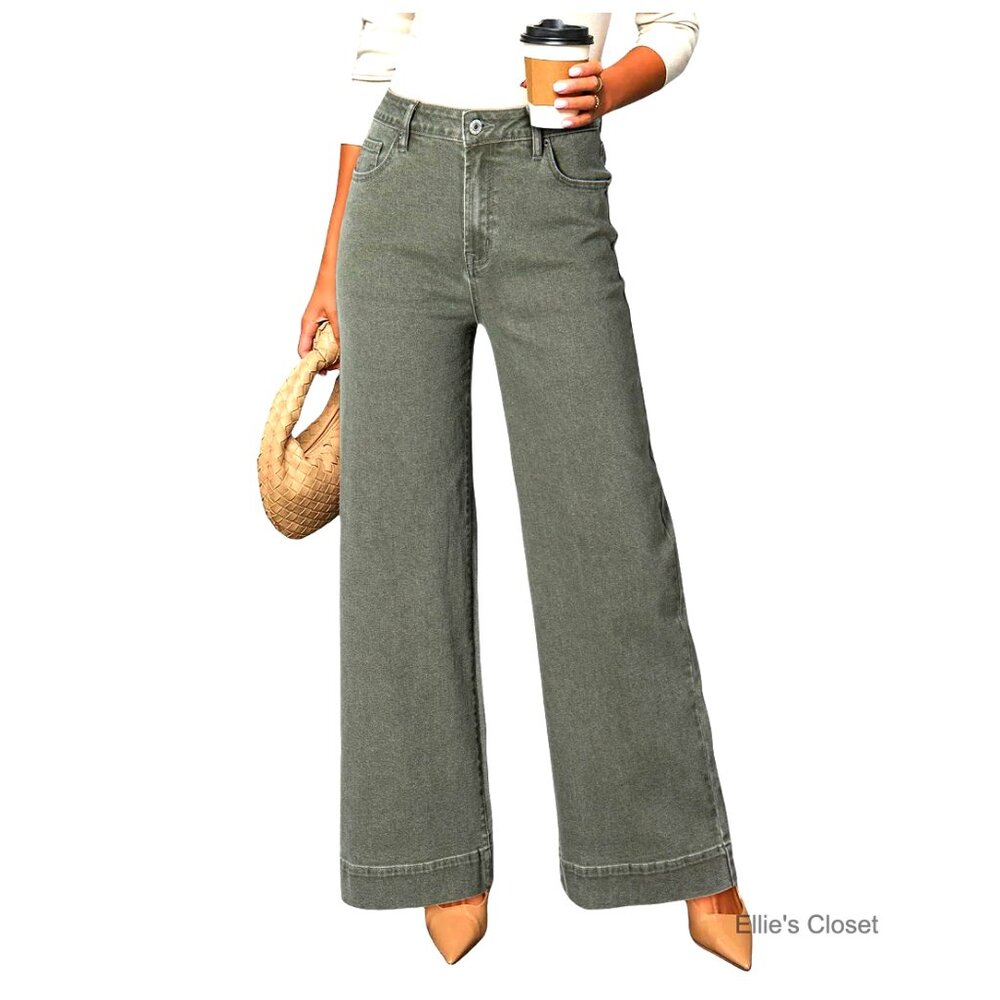 High Waisted Wide Leg Jeans with Stretch Denim and Pockets